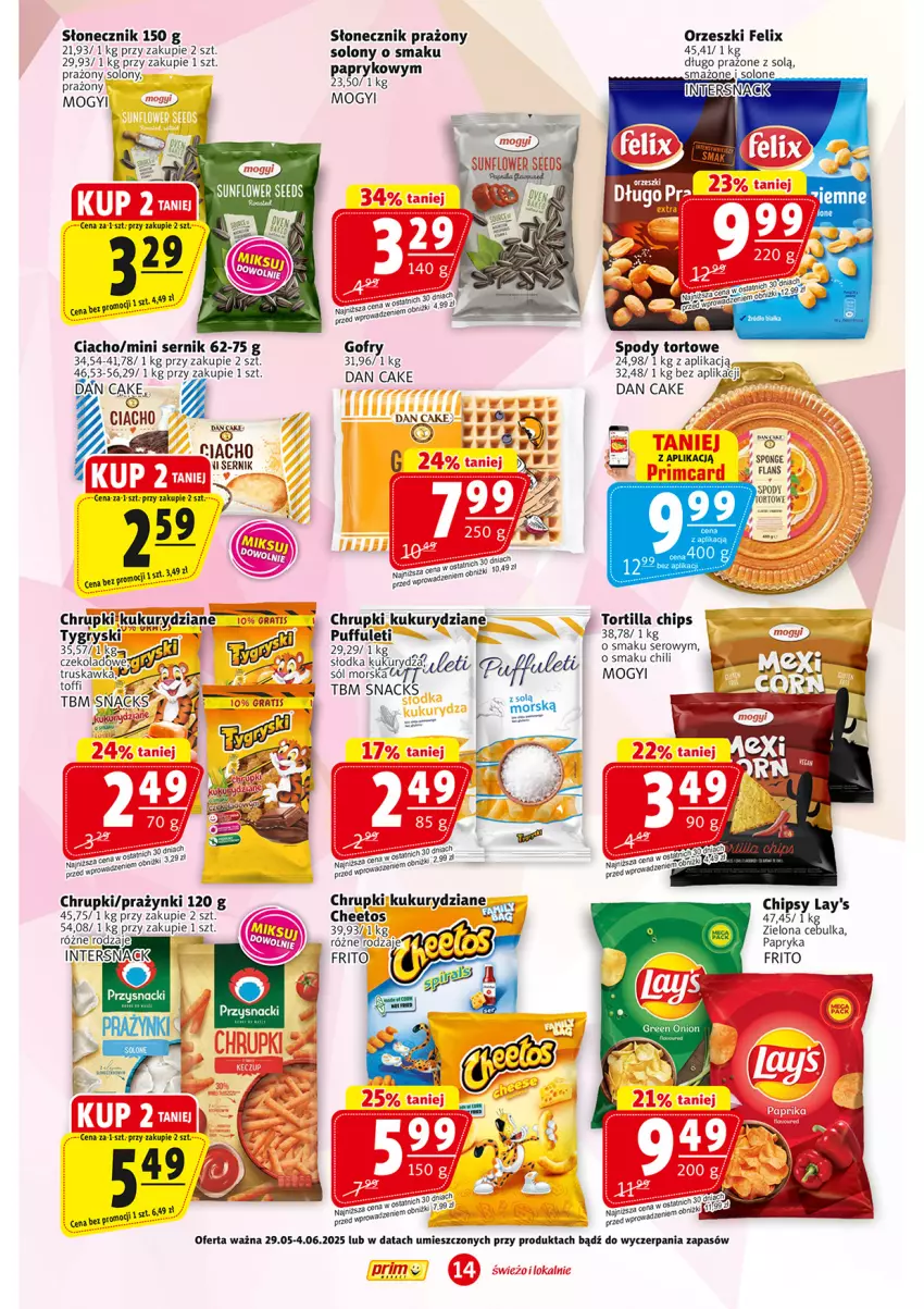 Gazetka promocyjna Prim Market - ważna 29.05 do 04.06.2025 - strona 14 - produkty: Cheetos, Chrupki, Dan Cake, Felix, Gra, Gry, Kukurydza, Orzeszki, Papryka, Ser, Słonecznik prażony, Sól, Tortilla, Tortilla Chips
