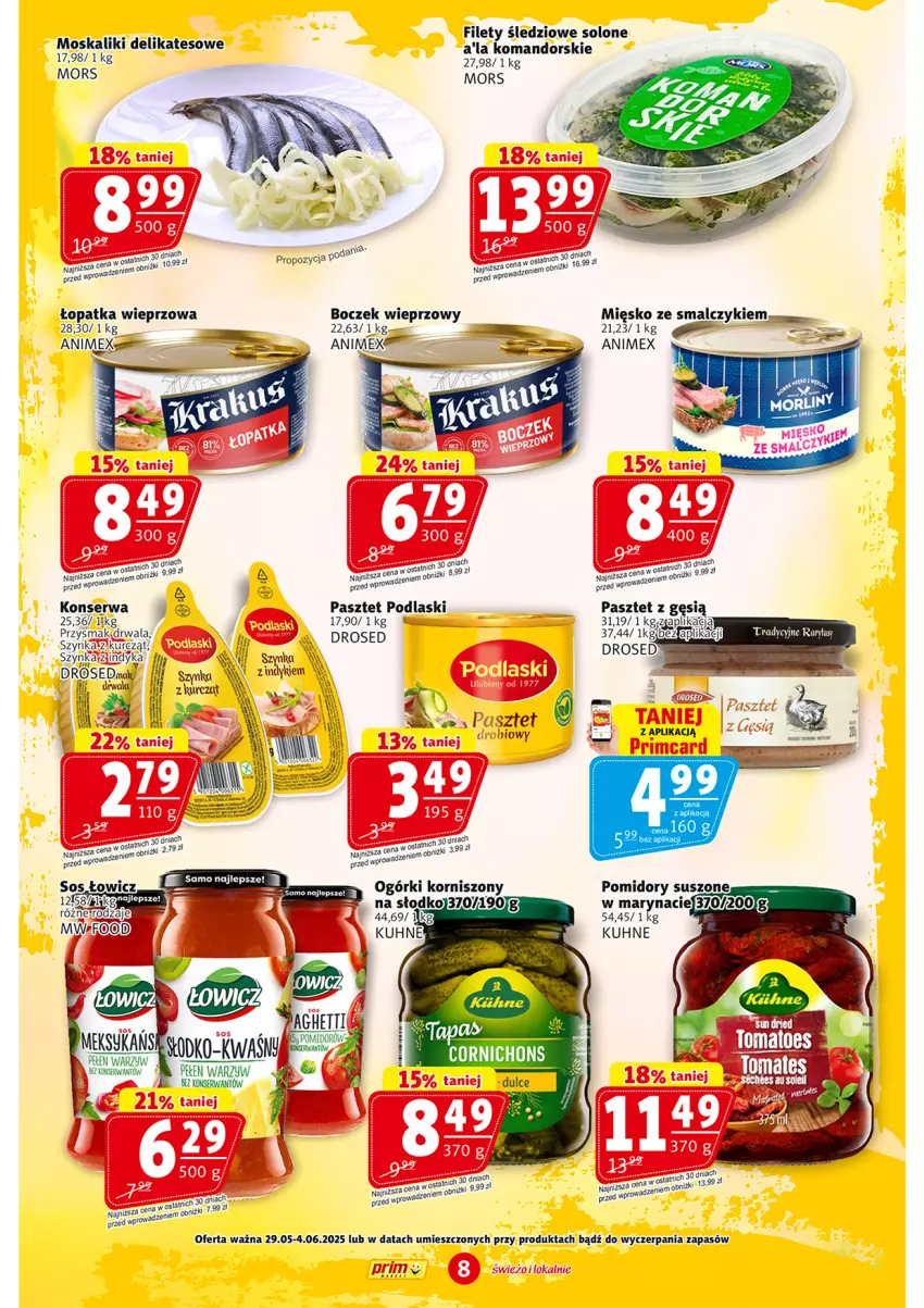 Gazetka promocyjna Prim Market - ważna 29.05 do 04.06.2025 - strona 8 - produkty: Boczek, Boczek wieprzowy, Fa, Korniszony, Pasztet, Podlaski, Pomidory, Ser, Sos, Szynka