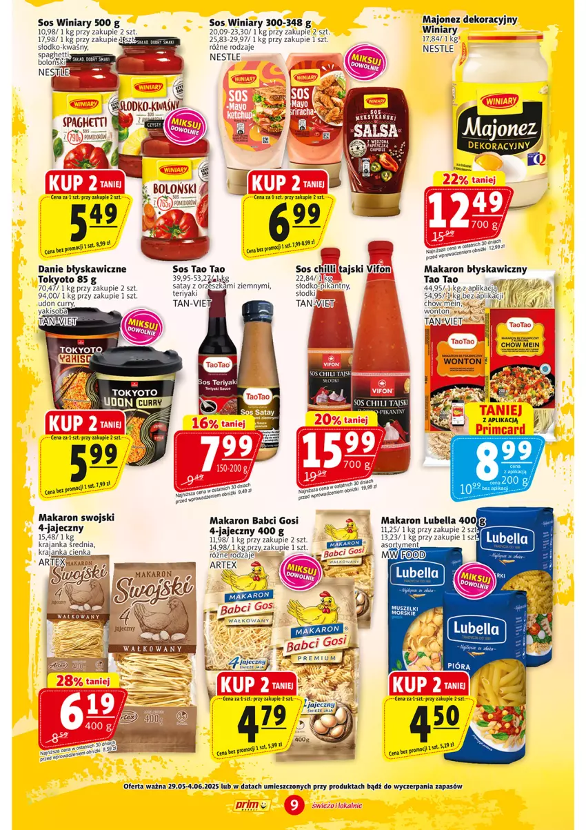 Gazetka promocyjna Prim Market - ważna 29.05 do 04.06.2025 - strona 9 - produkty: Bell, Bella, Jaja, Lion, Lubella, Majonez, Makaron, Mus, Sos, Sos chilli, Spaghetti, TaoTao, Winiary