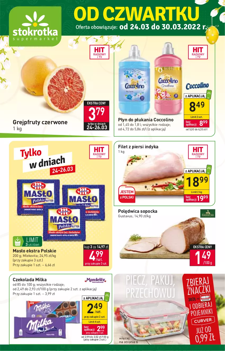 Gazetka promocyjna Stokrotka - Supermarket - ważna 24.03 do 30.03.2022 - strona 1 - produkty: Coccolino, Czekolada, Filet z piersi indyka, Grejpfrut, Masło, Milka, Mleko, Mlekovita, Piec, Płyn do płukania, Pojemnik, Polędwica