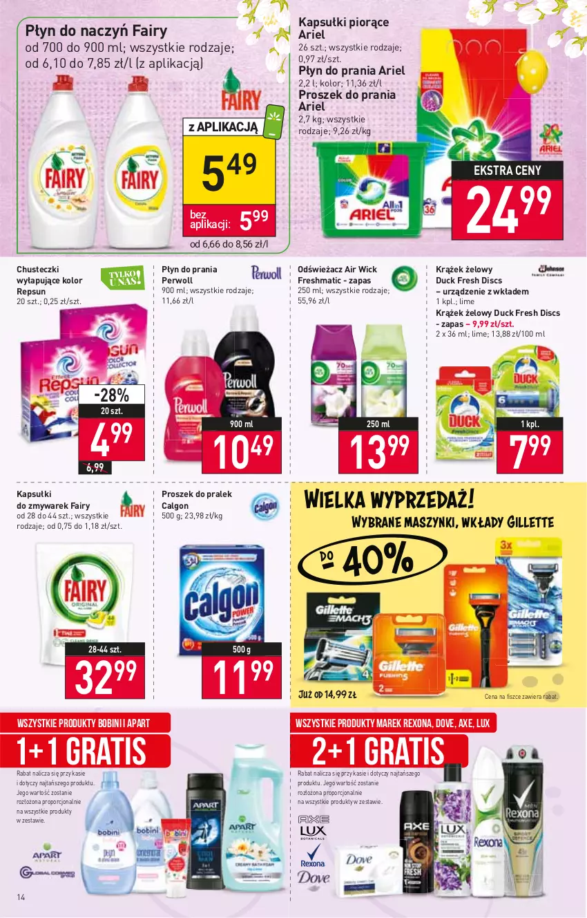 Gazetka promocyjna Stokrotka - Supermarket - ważna 24.03 do 30.03.2022 - strona 14 - produkty: Air Wick, Ariel, Calgon, Chusteczki, Dove, Duck, Fa, Fairy, Gillette, Gra, LG, Perwoll, Płyn do prania, Por, Proszek do prania, Rexona