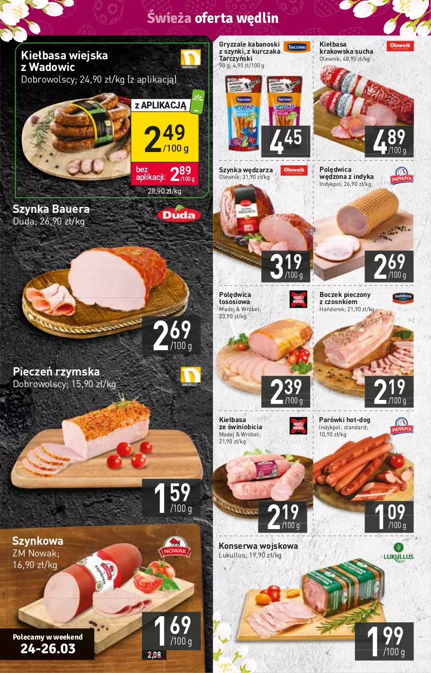 Gazetka promocyjna Stokrotka - Supermarket - ważna 24.03 do 30.03.2022 - strona 4 - produkty: BIC, Boczek, Boczek pieczony, Duda, Gry, HP, Kabanos, Kiełbasa, Kiełbasa krakowska, Kiełbasa wiejska, Kurczak, NOWAK, Olewnik, Parówki, Piec, Pieczeń rzymska, Polędwica, Ser, Sos, Szynka, Tarczyński