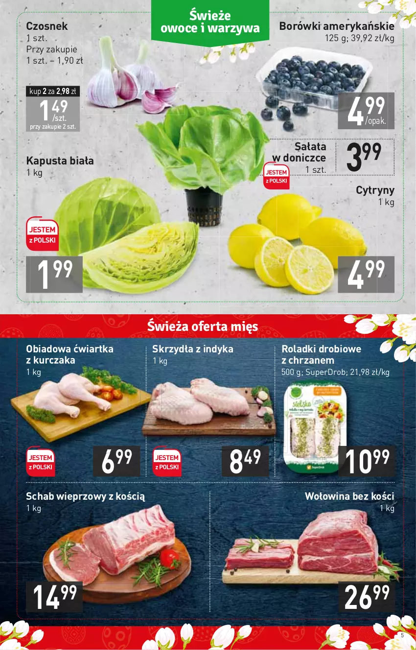 Gazetka promocyjna Stokrotka - Supermarket - ważna 24.03 do 30.03.2022 - strona 5 - produkty: Chrzan, Cytryny, Czosnek, Kurczak, Sałat, Schab wieprzowy, Wołowina, Wołowina bez kości