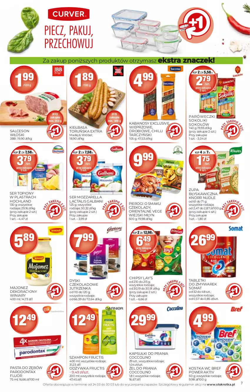 Gazetka promocyjna Stokrotka - Supermarket - ważna 24.03 do 30.03.2022 - strona 7 - produkty: Bref, Chipsy, Coccolino, Fructis, Galbani, Hochland, Jutrzenka, Kabanos, Kapsułki do prania, Kiełbasa, Knorr, Lay’s, Majonez, Mozzarella, Odżywka, Parodontax, Pasta do zębów, Pierogi, Salceson, Ser, Ser topiony, Sok, Sokołów, Somat, Szampon, Tablet, Tarczyński, Top, Winiary, Zupa