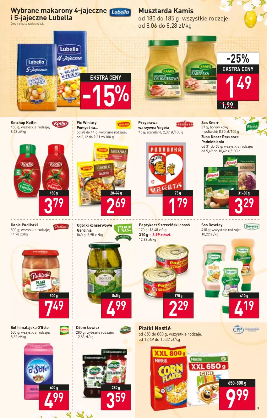 Gazetka promocyjna Stokrotka - Supermarket - ważna 24.03 do 30.03.2022 - strona 9 - produkty: Bell, Bella, Dżem, Kamis, Ketchup, Knorr, Kosz, Kotlin, Lubella, Makaron, Mus, Musztarda, Nestlé, Ogórki konserwowe, Papryka, Paprykarz, Paprykarz szczeciński, Pudliszki, Ser, Sól, Sól himalajska, Sos, Vegeta, Wiko, Winiary, Zupa