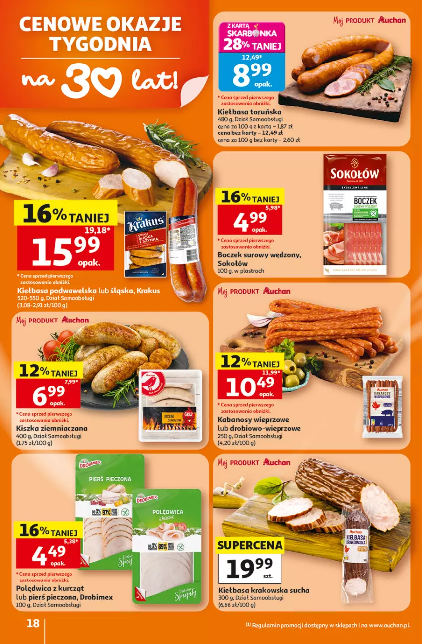 Gazetka promocyjna Auchan - Gazetka 30 Lat Hipermarket Auchan - ważna 16.07 do 22.07.2026 - strona 18 - produkty: Boczek, Drobimex, Fa, Kabanos, Kiełbasa, Kiełbasa krakowska, Piec, Piers pieczona, Polędwica, Sok, Sokołów