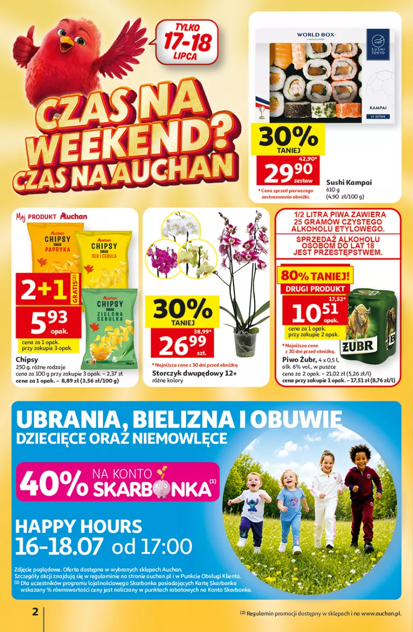Gazetka promocyjna Auchan - Gazetka 30 Lat Hipermarket Auchan - ważna 16.07 do 22.07.2026 - strona 2 - produkty: Bielizna, Cebula, Chipsy, Dzieci, Gra, Piwa, Piwo, Ser, Storczyk, Sushi, Ubrania