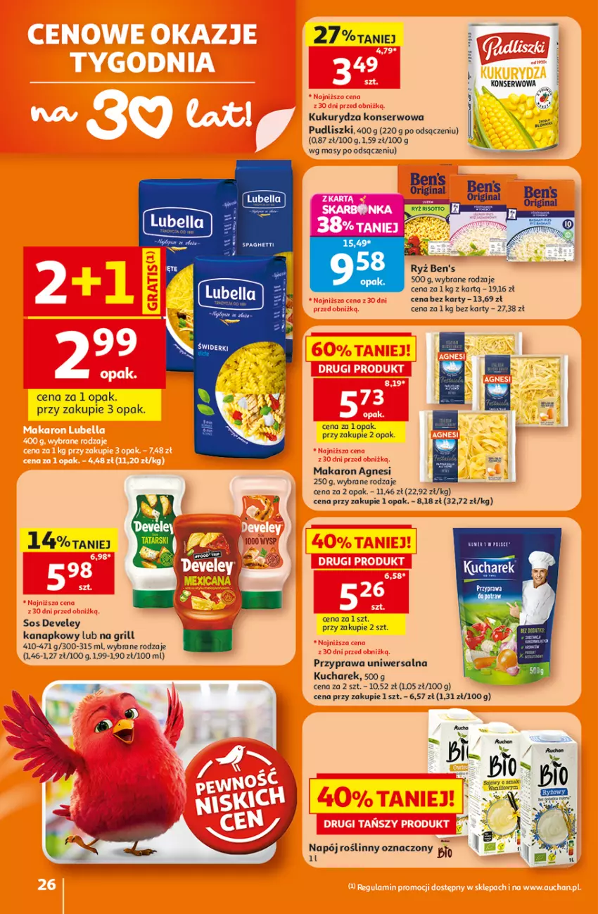 Gazetka promocyjna Auchan - Gazetka 30 Lat Hipermarket Auchan - ważna 16.07 do 22.07.2026 - strona 26 - produkty: Bell, Bella, Gin, Grill, Kucharek, Kukurydza, Kukurydza konserwowa, Lubella, Makaron, Napój, Napój roślinny, Przyprawa uniwersalna, Pudliszki, Ser, Sos, Spaghetti