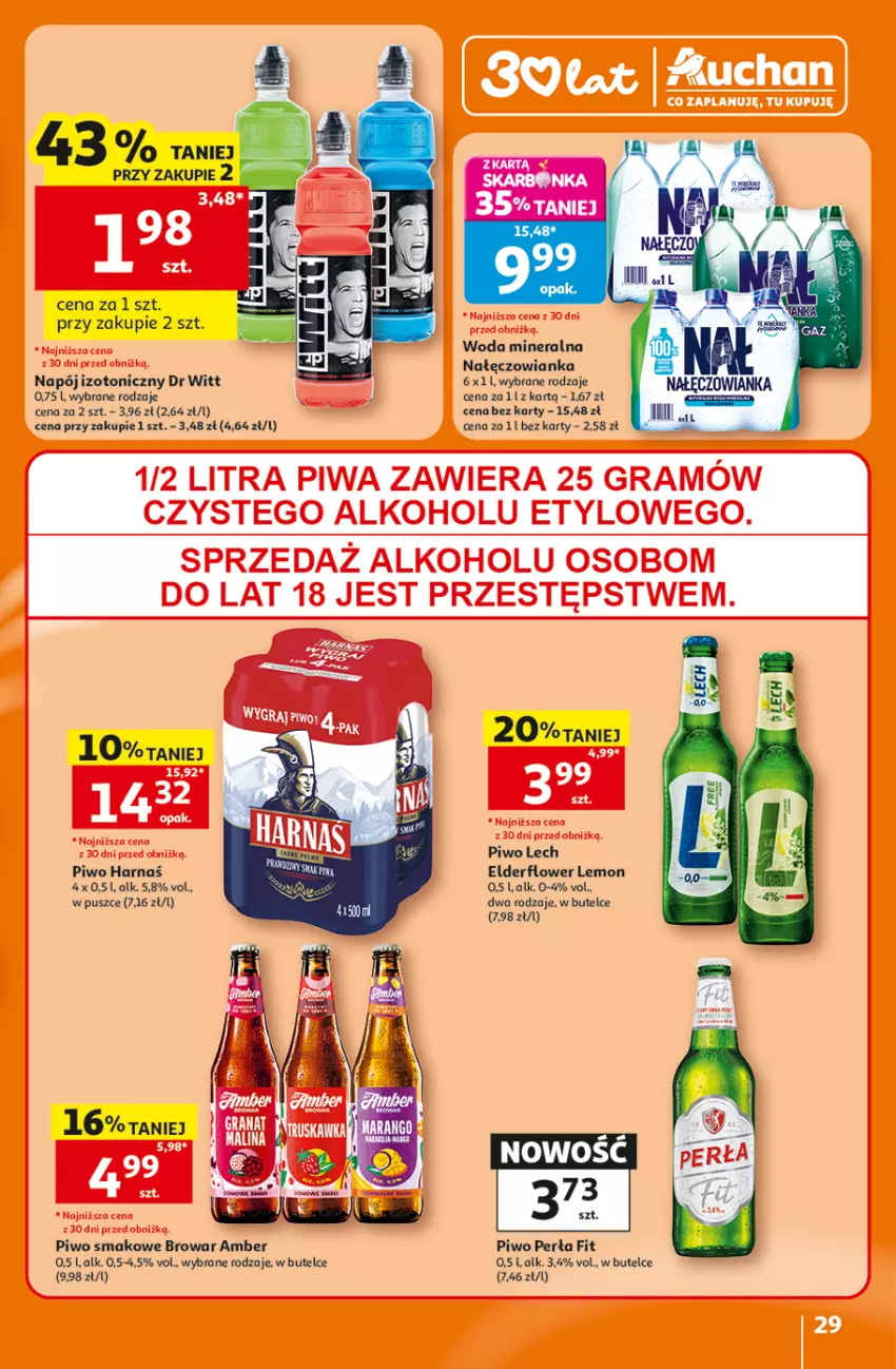 Gazetka promocyjna Auchan - Gazetka 30 Lat Hipermarket Auchan - ważna 16.07 do 22.07.2026 - strona 29 - produkty: Nałęczowianka, Napój, Napój izotoniczny, Perła, Piwo, Woda, Woda mineralna