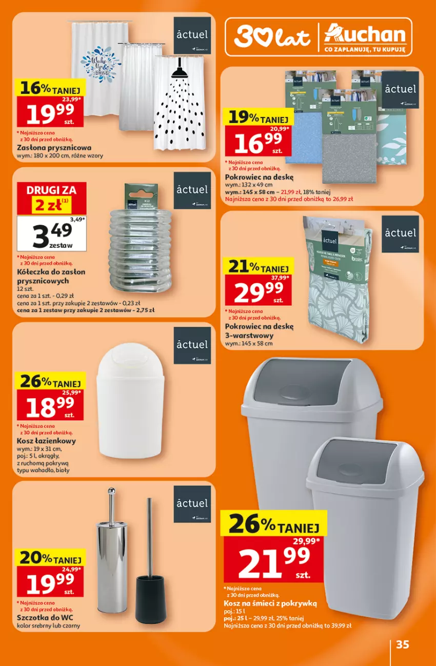 Gazetka promocyjna Auchan - Gazetka 30 Lat Hipermarket Auchan - ważna 16.07 do 22.07.2026 - strona 35 - produkty: Kosz, Kosz łazienkowy, Pokrowiec, Pokrowiec na deskę, Szczotka, Szczotka do WC, Zasłona, Zasłona prysznicowa
