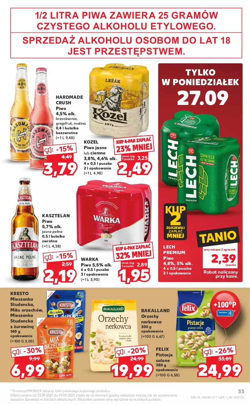 Gazetka promocyjna Kaufland - OFERTA TYGODNIA - ważna 23.09 do 29.09.2021 - strona 33 - produkty: Bakalland, Felix, Gra, Grejpfrut, Kasztelan, Kozel, Lech Premium, Mieszanka studencka, Pistacje, Piwa, Piwo, Piwo jasne, Warka