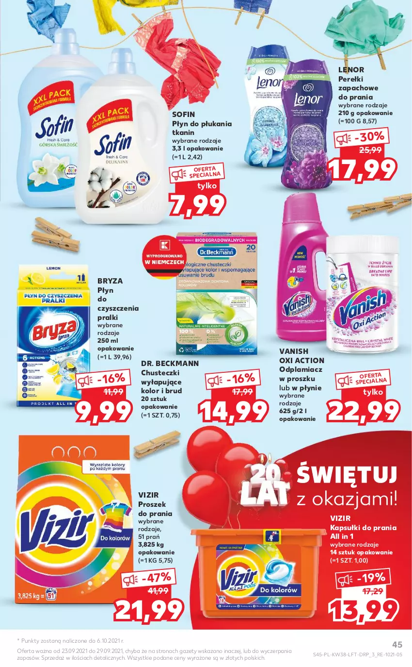 Gazetka promocyjna Kaufland - OFERTA TYGODNIA - ważna 23.09 do 29.09.2021 - strona 45 - produkty: Bryza, Chusteczki, Kapsułki do prania, Lenor, Odplamiacz, Perełki zapachowe, Płyn do płukania, Pralki, Proszek do prania, Vanish, Vizir