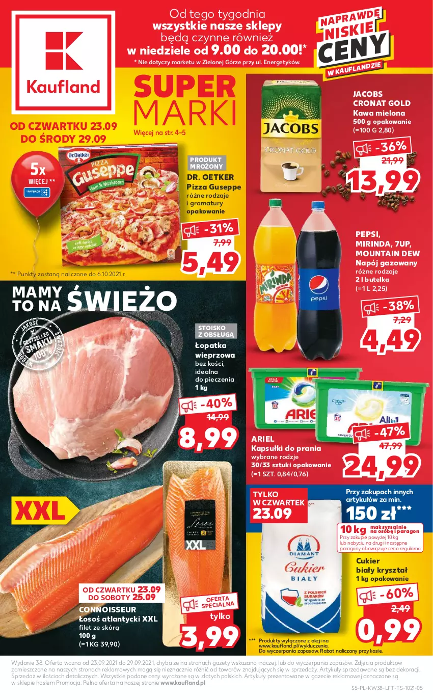 Gazetka promocyjna Kaufland - OFERTA TYGODNIA - ważna 23.09 do 29.09.2021 - strona 5 - produkty: 7up, Ariel, Cukier, Dr. Oetker, Gra, Jacobs, Kapsułki do prania, Kawa, Kawa mielona, Mirinda, Napój, Napój gazowany, Pepsi, Piec, Pizza, Rama