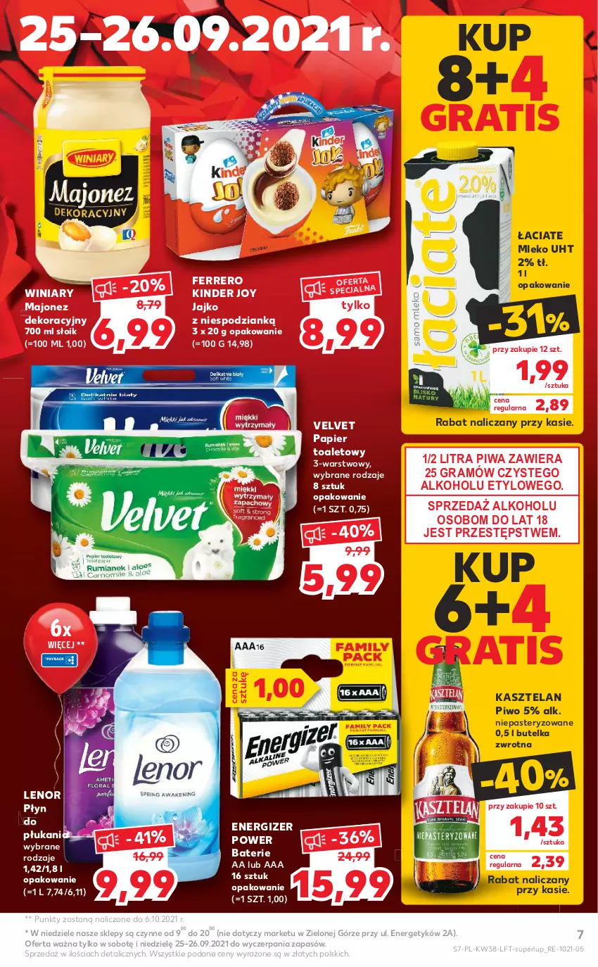 Gazetka promocyjna Kaufland - OFERTA TYGODNIA - ważna 23.09 do 29.09.2021 - strona 7 - produkty: Energizer, Ferrero, Gra, Kasztelan, Kinder, Lenor, Majonez, Mleko, Papier, Papier toaletowy, Piwa, Piwo, Płyn do płukania, Velvet, Winiary