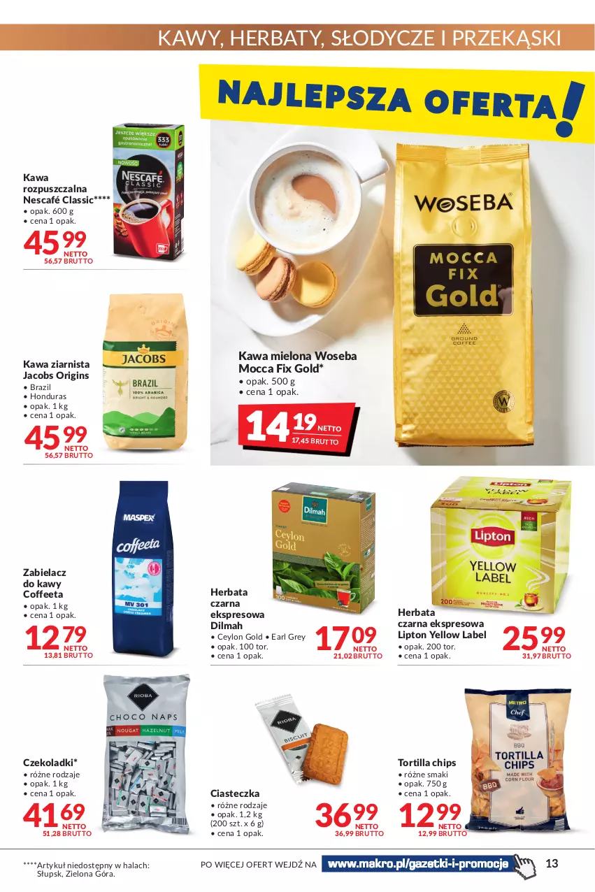 Gazetka promocyjna Makro - [Oferta promocyjna] Artykuły spożywcze i przemysłowe - ważna 14.06 do 27.06.2022 - strona 13 - produkty: Dilmah, Earl Grey, Gin, Herbata, Herbata czarna, Jacobs, Kawa, Kawa mielona, Kawa rozpuszczalna, Kawa ziarnista, Lipton, Mocca Fix Gold, Nescafé, Tortilla, Tortilla Chips, Woseba