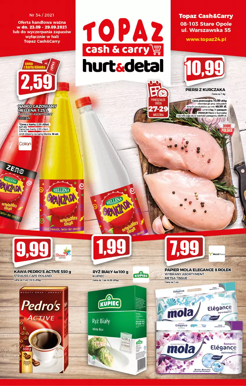 Gazetka promocyjna Topaz - Gazetka - ważna 23.09 do 29.09.2021 - strona 1 - produkty: Fa, Kawa, Kupiec, Kurczak, Mola, Napój, Papier, Piec, Ryż, Ryż biały, Waga