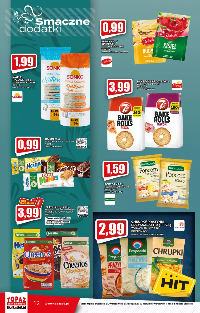 Gazetka promocyjna Topaz - Gazetka - ważna 23.09 do 29.09.2021 - strona 12 - produkty: Bakalland, Baton, Cheerios, Chrupki, Cini Minis, Lion, Mola, Nesquik, Popcorn, Prazynki, Przysnacki, Ryż, Ser, Sonko, Top, Wafle