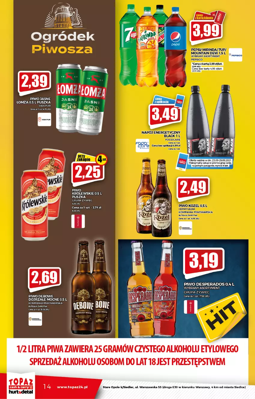 Gazetka promocyjna Topaz - Gazetka - ważna 23.09 do 29.09.2021 - strona 14 - produkty: Desperados, Gra, Królewski, Lack, LG, Mirinda, Ogród, Pepsi, Piwa, Piwo, Pur, Top