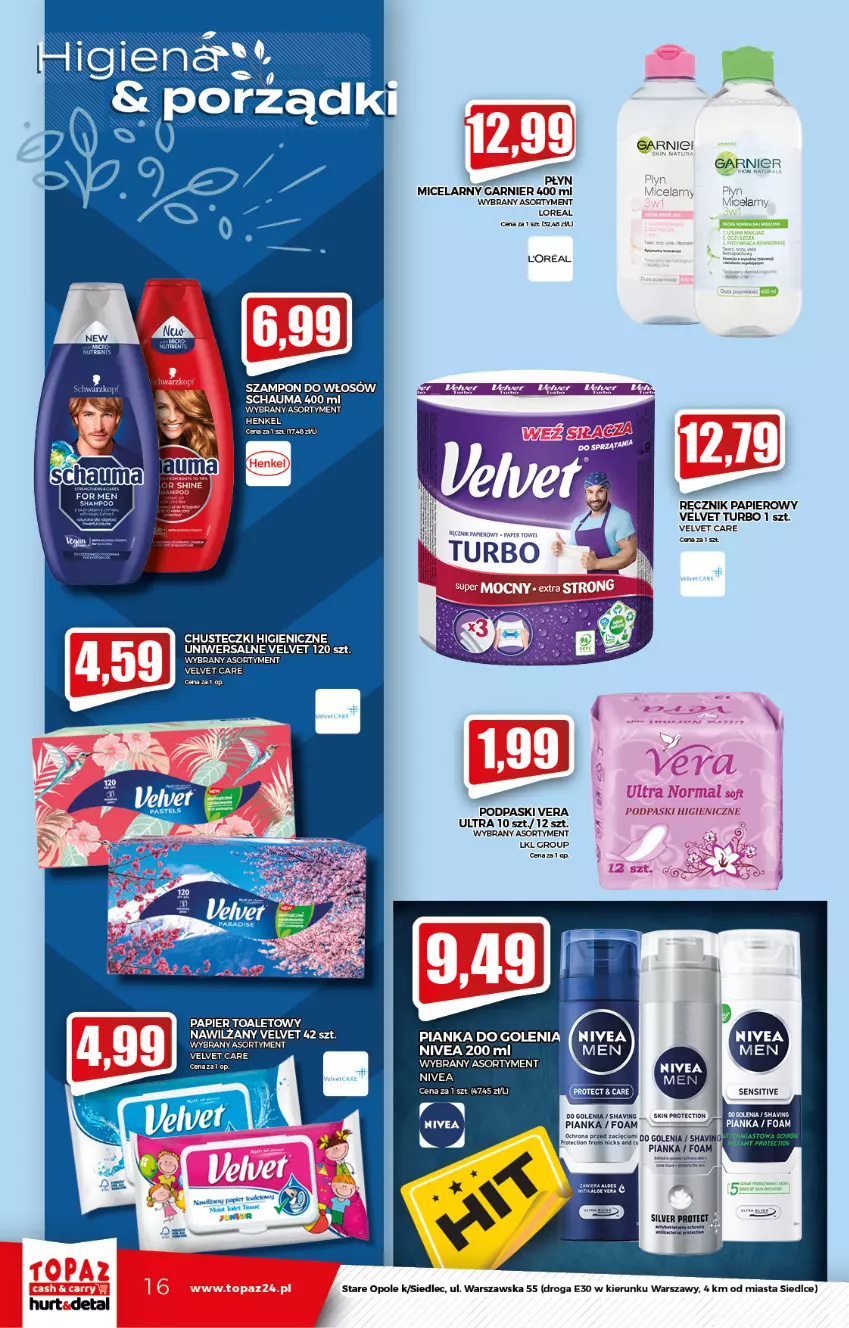 Gazetka promocyjna Topaz - Gazetka - ważna 23.09 do 29.09.2021 - strona 16 - produkty: Chusteczki, Garnier, Nivea, Papier, Papier toaletowy, Pianka do golenia, Płyn micelarny, Podpaski, Ręcznik, Schauma, Szampon, Velvet