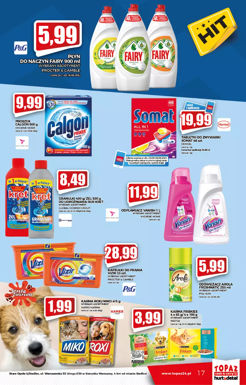 Gazetka promocyjna Topaz - Gazetka - ważna 23.09 do 29.09.2021 - strona 17 - produkty: Calgon, Fa, Fairy, Friskies, Gra, Kapsułki do prania, Kret, LG, Odplamiacz, Por, Somat, Tablet, Tabletki do zmywarki, Vanish, Vizir, Zmywarki