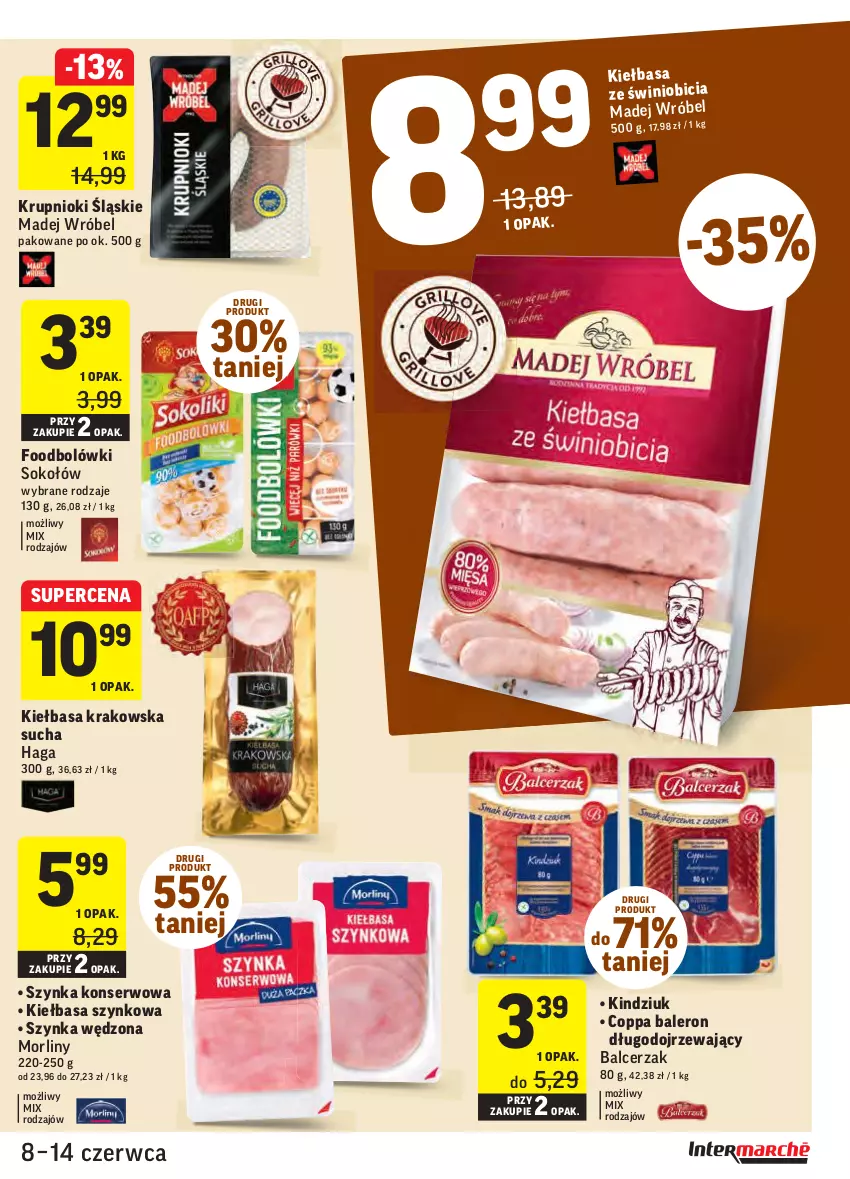 Gazetka promocyjna Intermarche - ważna 08.06 do 13.06.2021 - strona 13 - produkty: BIC, Kiełbasa, Kiełbasa krakowska, Kiełbasa szynkowa, Kindziuk, Madej Wróbel, Morliny, Ser, Sok, Sokołów, Szynka, Szynka konserwowa