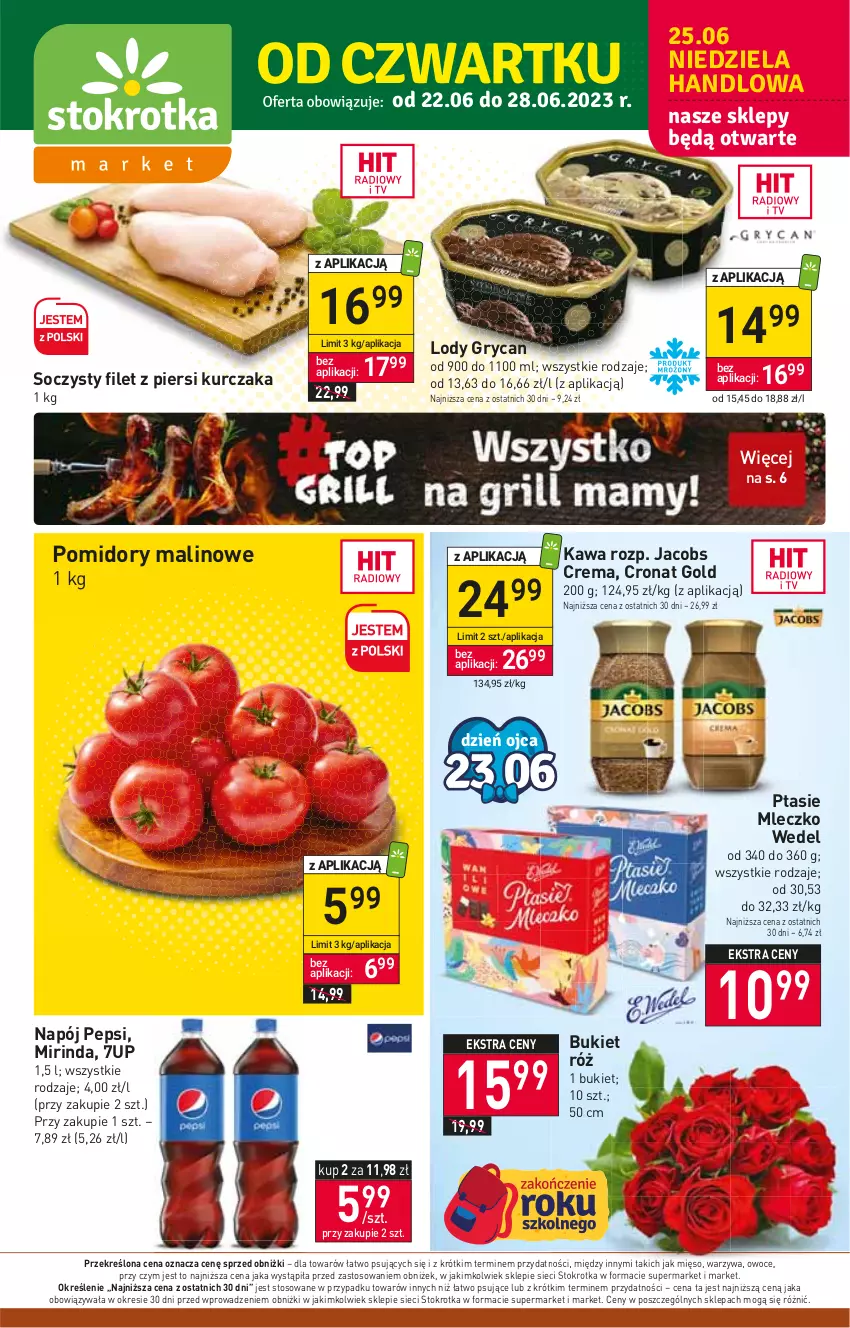 Gazetka promocyjna Stokrotka - Market - ważna 22.06 do 28.06.2023 - strona 1 - produkty: 7up, Bukiet, Filet z piersi kurczaka, Gry, Jacobs, Kawa, Kurczak, Lody, Mięso, Mirinda, Mleczko, Napój, Owoce, Pepsi, Pomidory, Ptasie mleczko, Warzywa