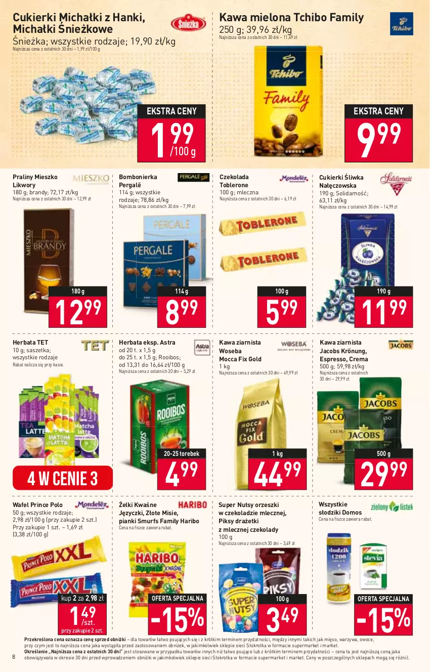 Gazetka promocyjna Stokrotka - Market - ważna 22.06 do 28.06.2023 - strona 9 - produkty: Brandy, Cukier, Cukierki, Czekolada, Fa, Haribo, Herbata, Jacobs, Jacobs Krönung, Kawa, Kawa mielona, Kawa ziarnista, Michałki, Mięso, Mocca Fix Gold, Orzeszki, Owoce, Praliny, Prince Polo, Tchibo, Tchibo Family, Toblerone, Warzywa, Woseba