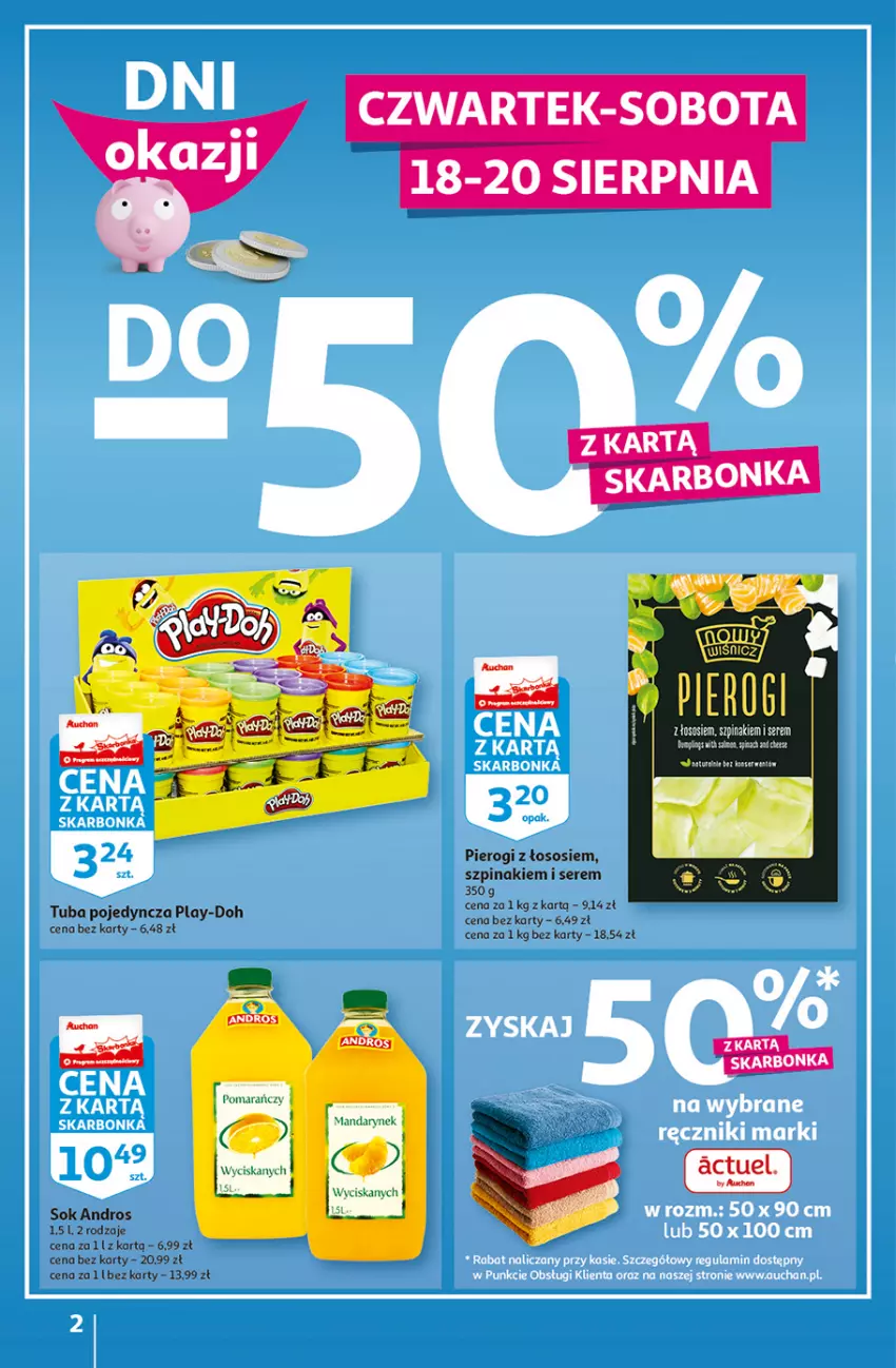 Gazetka promocyjna Auchan - Szkoła oszczędzania Temat PrzeAtrakcje cenowe Hipermarkety - ważna 18.08 do 24.08.2022 - strona 2 - produkty: Pierogi, Play-Doh, Ser, Sok, Sos, Szpinak