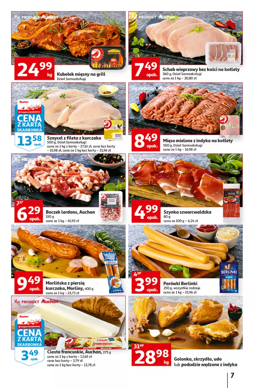 Gazetka promocyjna Auchan - Szkoła oszczędzania Temat PrzeAtrakcje cenowe Hipermarkety - ważna 18.08 do 24.08.2022 - strona 7 - produkty: Berlinki, Boczek, Grill, Kotlet, Kurczak, Mięso, Mięso mielone, Morliny, Parówki, Schab wieprzowy, Szynka