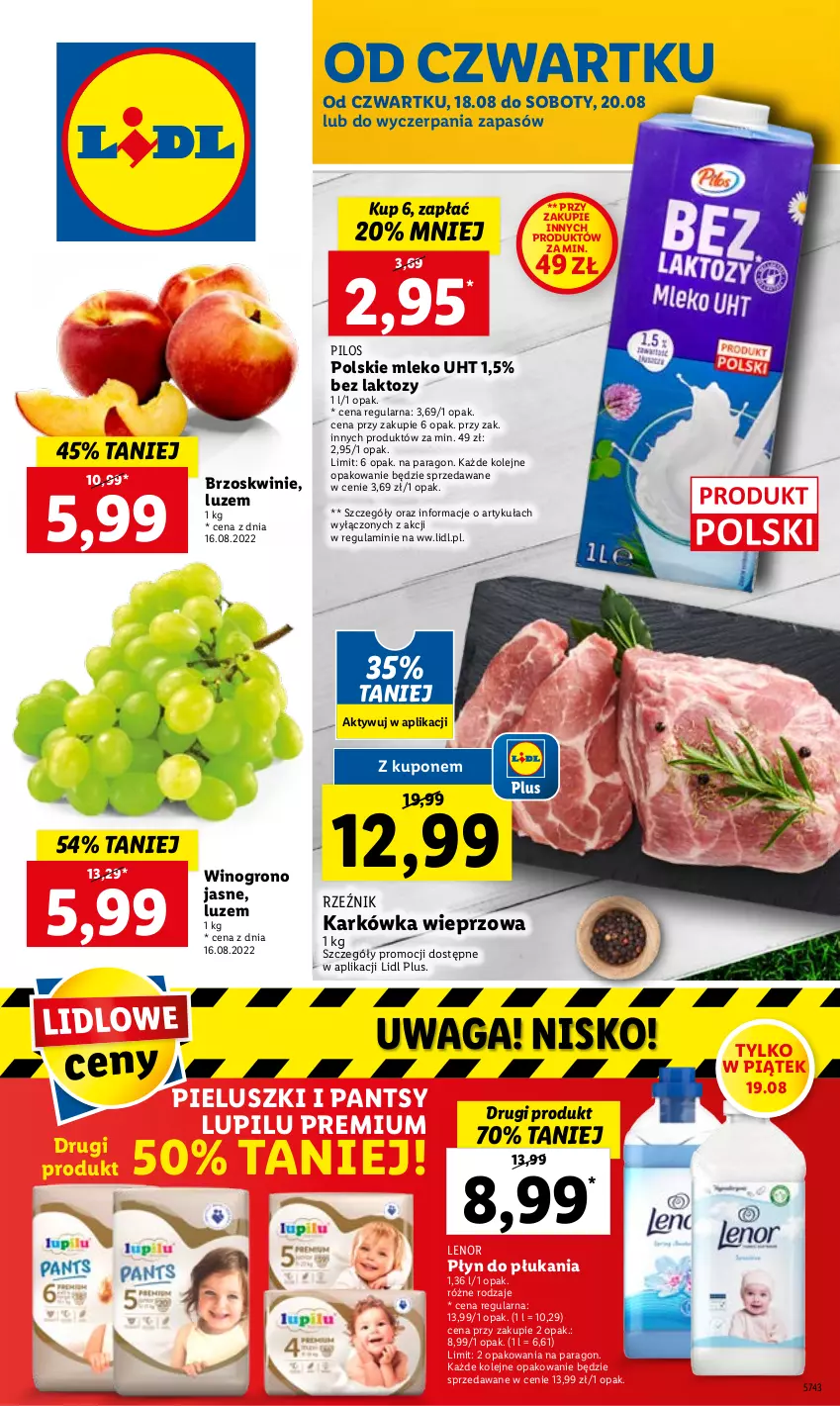 Gazetka promocyjna Lidl - GAZETKA - ważna 18.08 do 20.08.2022 - strona 1 - produkty: Brzoskwinie, Karkówka wieprzowa, Lenor, Mleko, Olej, Pilos, Płyn do płukania, Waga, Wino