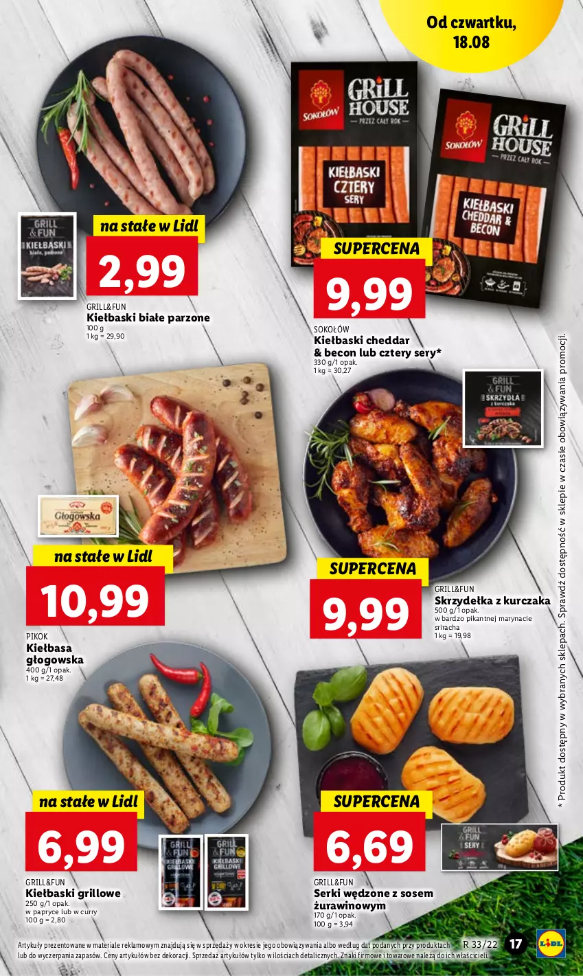 Gazetka promocyjna Lidl - GAZETKA - ważna 18.08 do 20.08.2022 - strona 17 - produkty: Cheddar, Grill, Kiełbasa, Kiełbasa głogowska, Kiełbaski białe, Kurczak, PIKOK, Ser, Skrzydełka z kurczaka, Sok, Sokołów, Sos, Wino