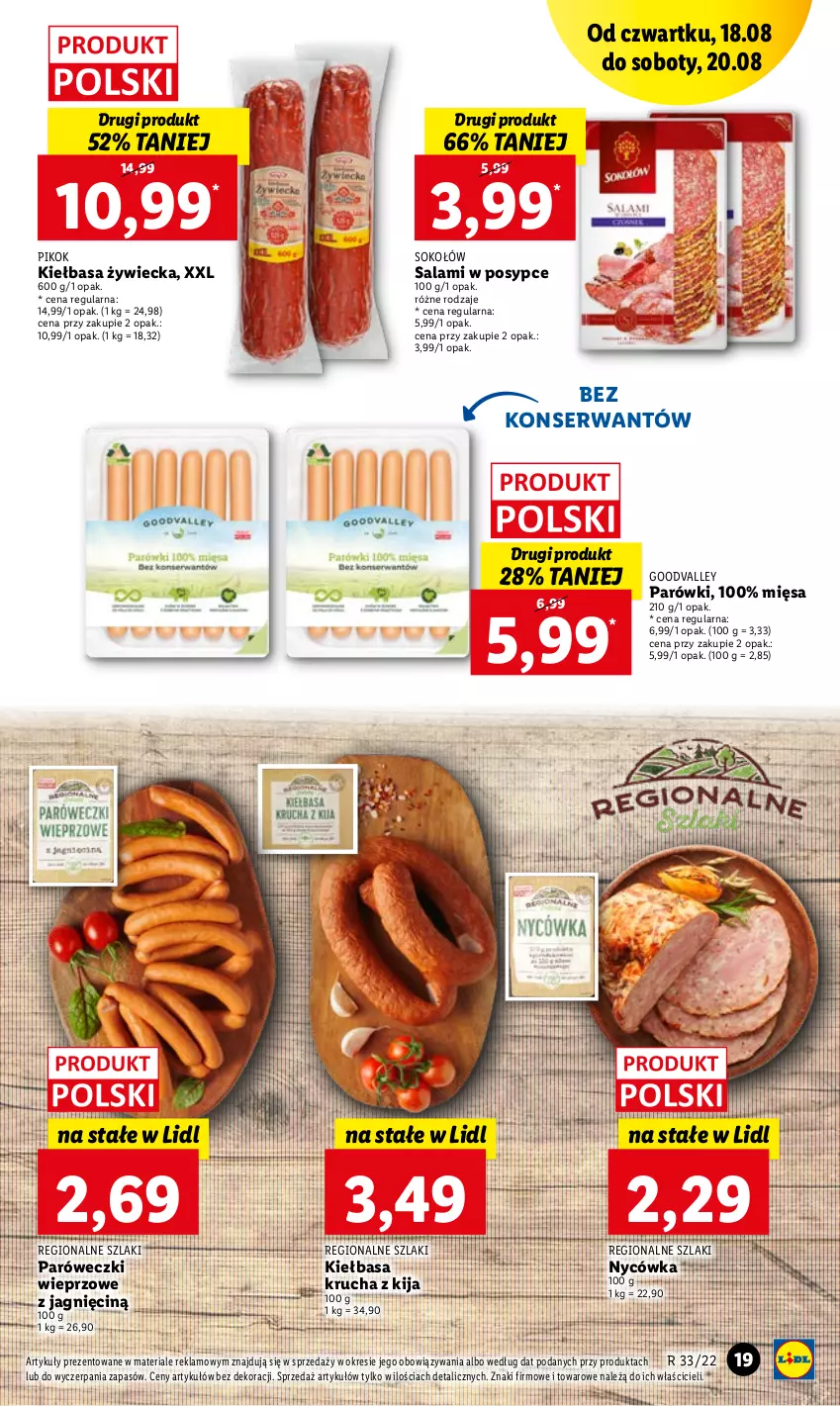 Gazetka promocyjna Lidl - GAZETKA - ważna 18.08 do 20.08.2022 - strona 19 - produkty: Kiełbasa, Kiełbasa krucha, Parówki, PIKOK, Salami, Ser, Sok, Sokołów