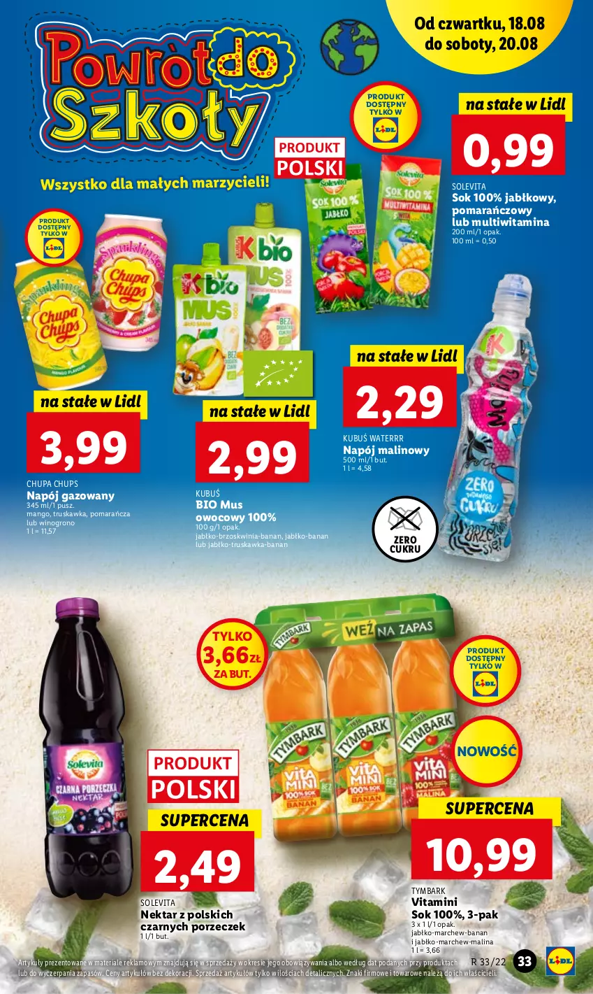 Gazetka promocyjna Lidl - GAZETKA - ważna 18.08 do 20.08.2022 - strona 33 - produkty: Chupa Chups, Kubuś, Kubuś Waterrr, Mango, Mus, Napój, Napój gazowany, Nektar, Por, Sok, Tymbark, Wino