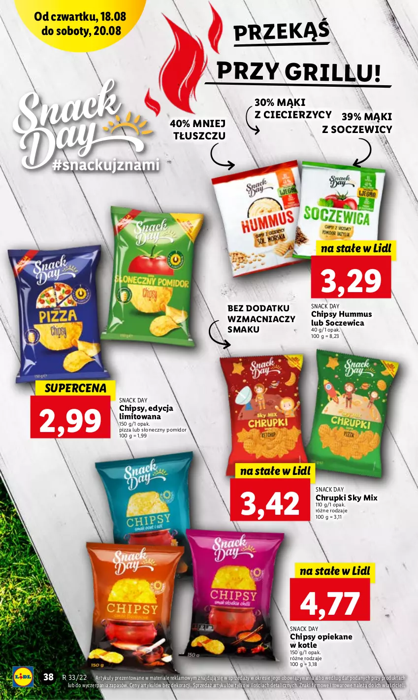 Gazetka promocyjna Lidl - GAZETKA - ważna 18.08 do 20.08.2022 - strona 38 - produkty: Chipsy, Chrupki, Grill, Hummus, Mus, Pizza