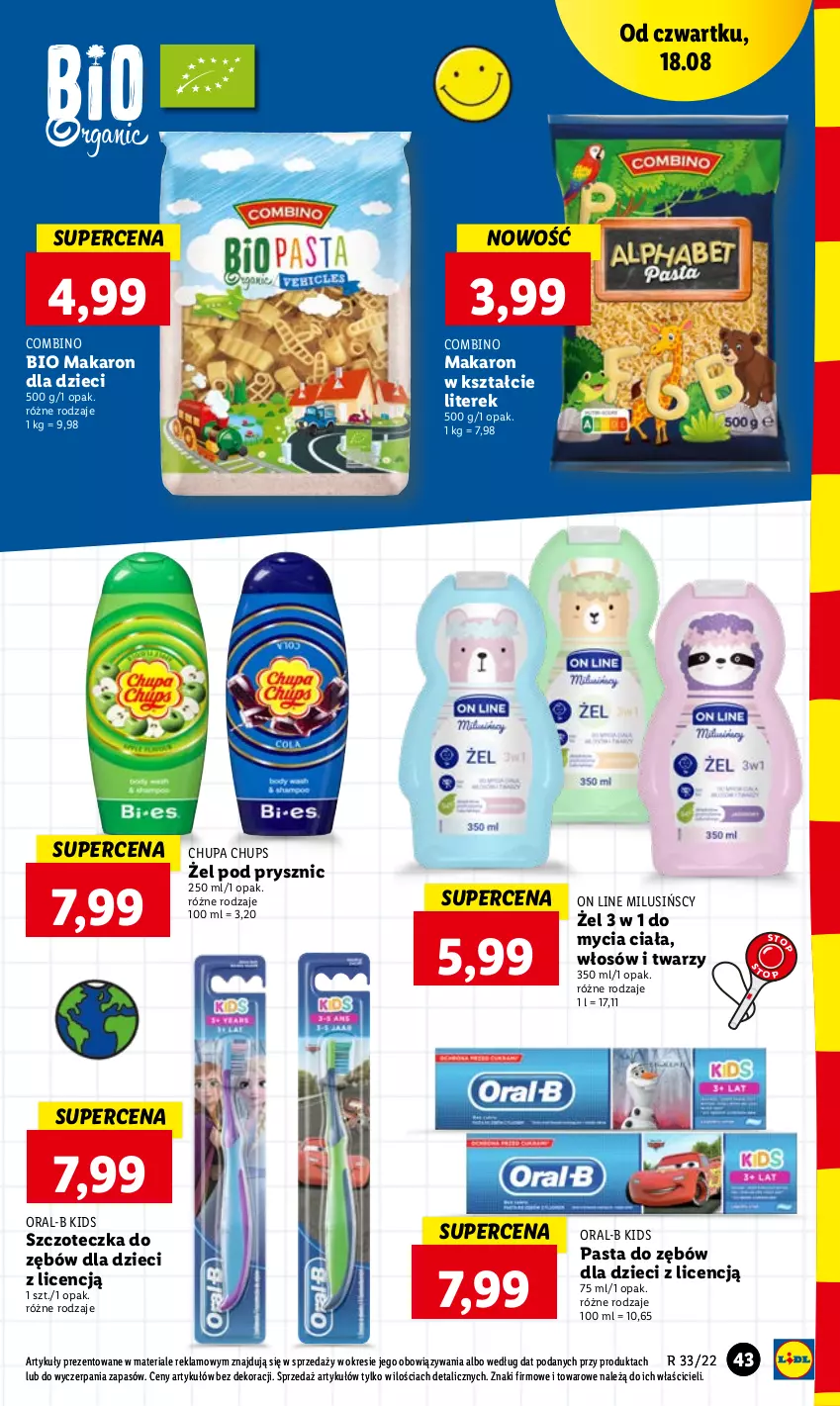 Gazetka promocyjna Lidl - GAZETKA - ważna 18.08 do 20.08.2022 - strona 43 - produkty: Chupa Chups, Dzieci, Makaron, Pasta do zębów, Szczoteczka, Szczoteczka do zębów