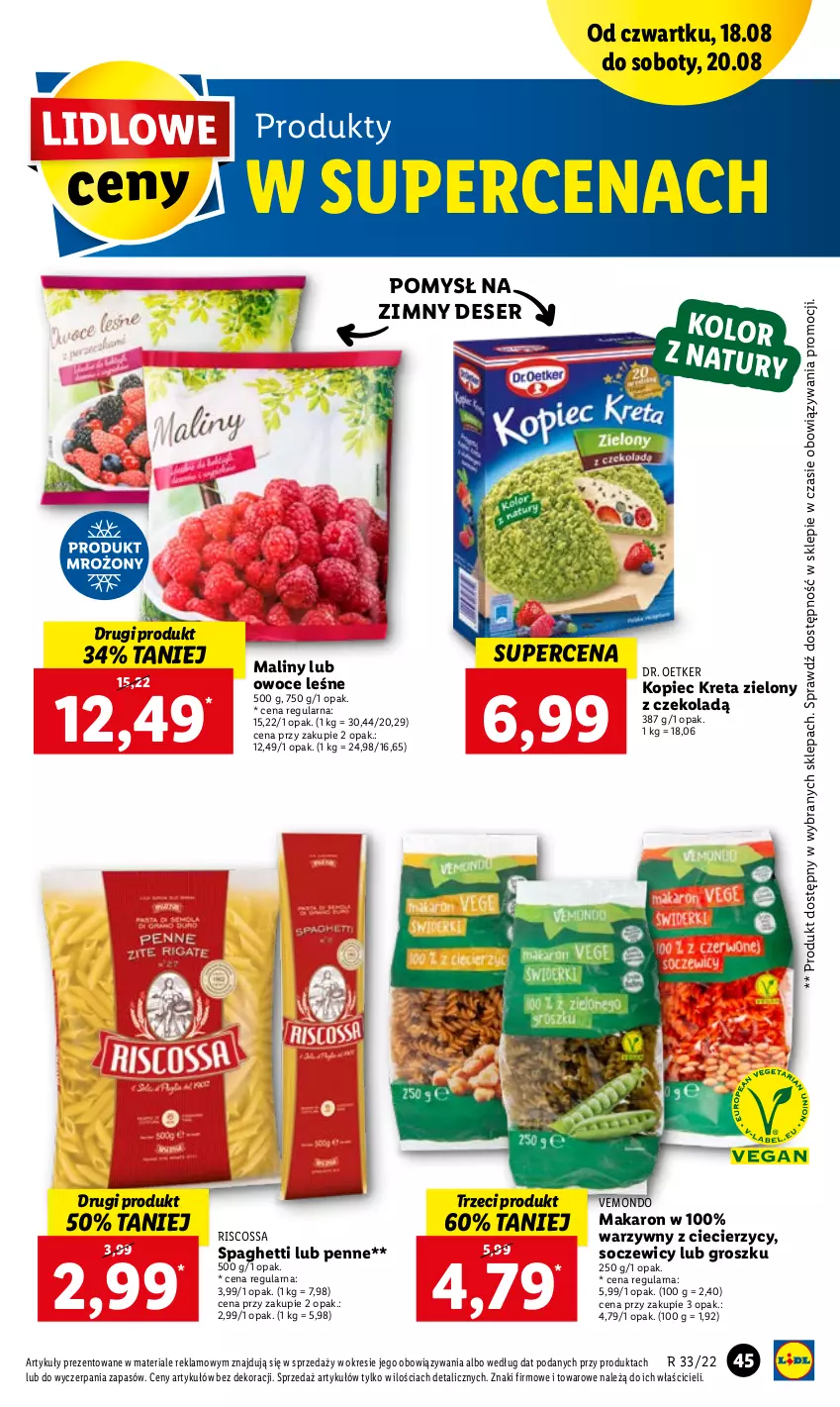 Gazetka promocyjna Lidl - GAZETKA - ważna 18.08 do 20.08.2022 - strona 45 - produkty: Deser, Dr. Oetker, Kopiec Kreta, Kret, Makaron, Maliny, Owoce, Penne, Piec, Ser, Spaghetti