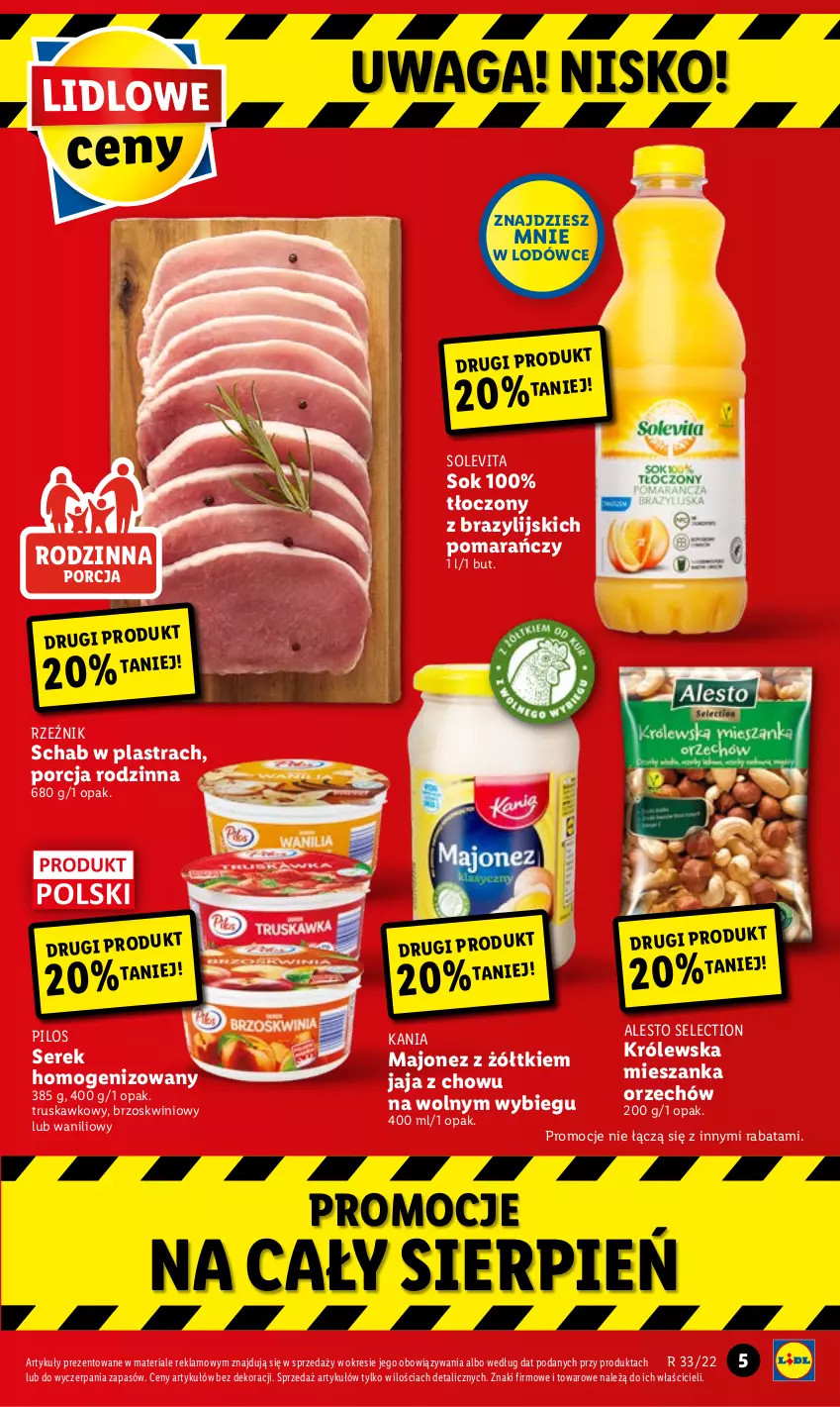 Gazetka promocyjna Lidl - GAZETKA - ważna 18.08 do 20.08.2022 - strona 5 - produkty: Jaja, Majonez, Pilos, Por, Ser, Serek, Serek homogenizowany, Sok, Waga