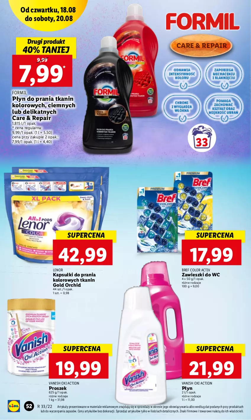 Gazetka promocyjna Lidl - GAZETKA - ważna 18.08 do 20.08.2022 - strona 52 - produkty: Bref, Kapsułki do prania, Lenor, Płyn do prania, Vanish, Zawieszki