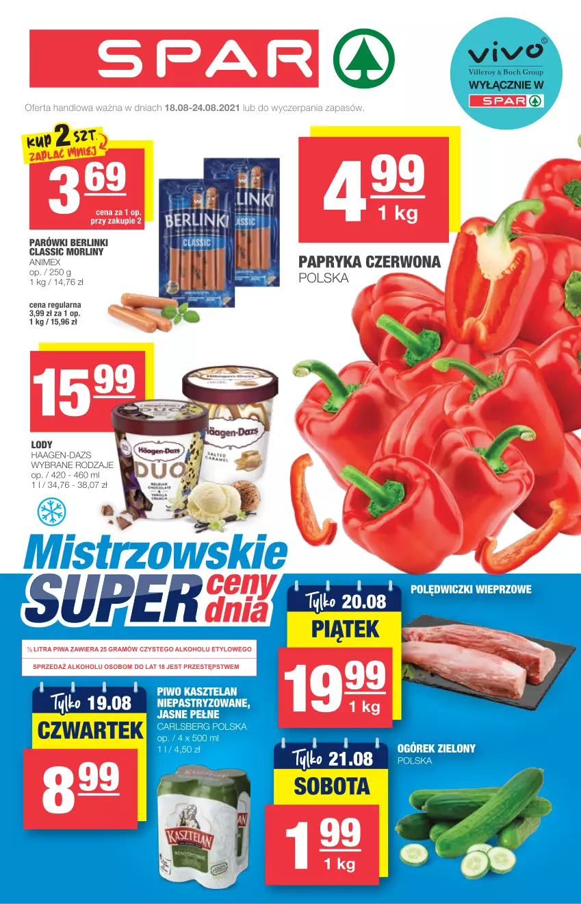 Gazetka promocyjna Spar - Spar - ważna 18.08 do 24.08.2021 - strona 1 - produkty: Berlinki, Carlsberg, Lody, Morliny, Papryka, Papryka czerwona