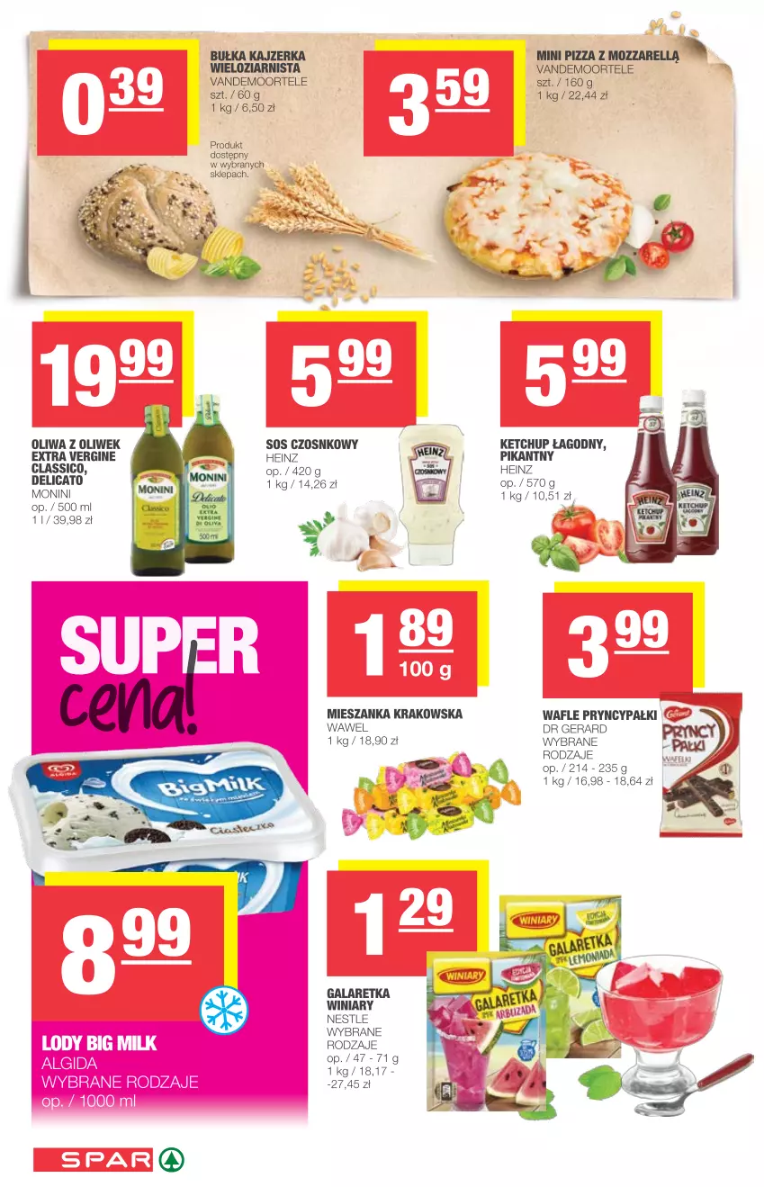 Gazetka promocyjna Spar - Spar - ważna 18.08 do 24.08.2021 - strona 6 - produkty: Bułka, Dr Gerard, Gala, Galaretka, Gin, Heinz, Kajzerka, Ketchup, Monini, Oliwa z oliwek, Pizza, Sos, Sos czosnkowy, Wafle, Wawel, Winiary