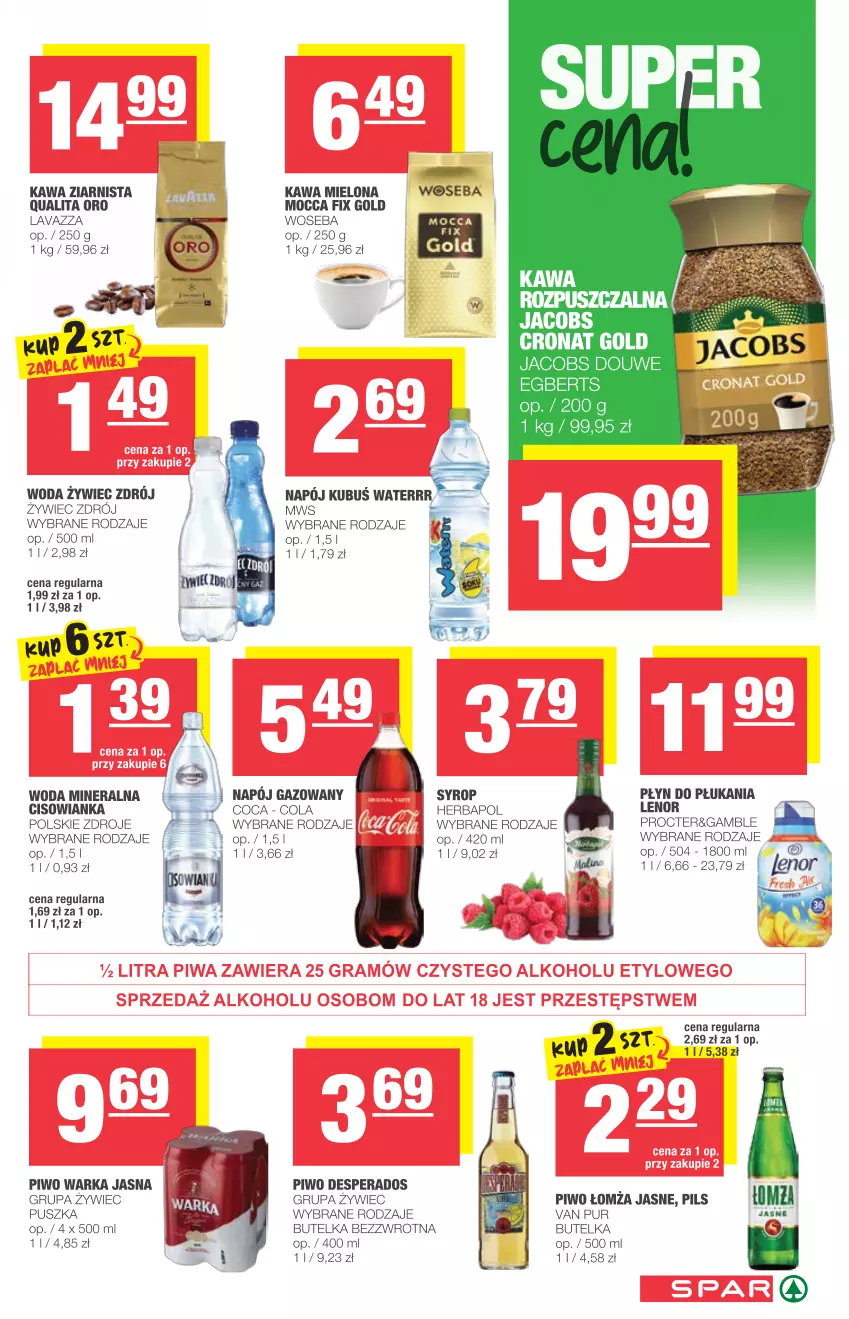 Gazetka promocyjna Spar - Spar - ważna 18.08 do 24.08.2021 - strona 7 - produkty: Desperados, Herbapol, Kawa, Kawa mielona, Kawa ziarnista, Kubuś, Kubuś Waterrr, Lavazza, Lenor, Napój, Napój gazowany, Piwo, Płyn do płukania, Pur, Syrop, Warka, Woda, Woda mineralna, Woseba