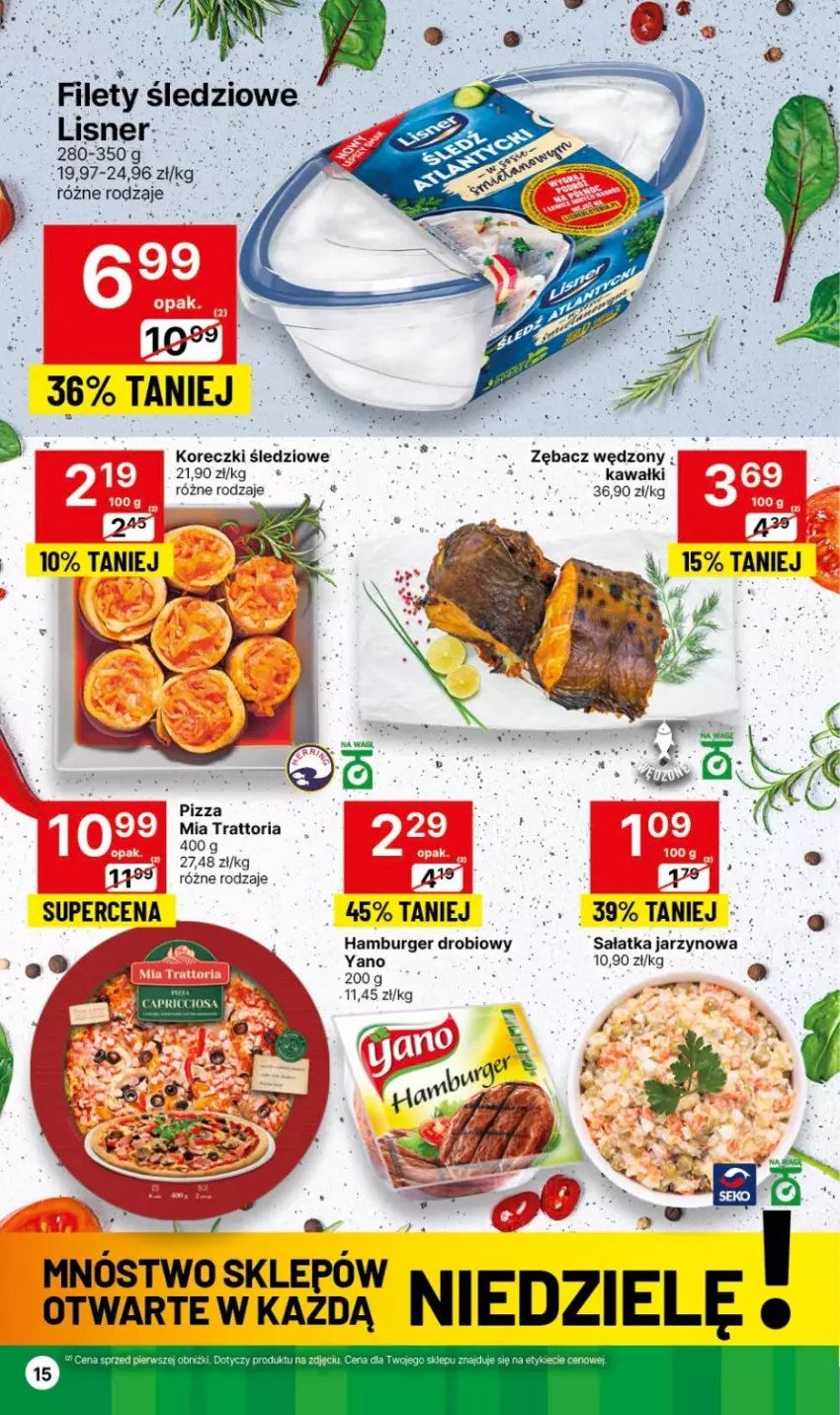 Gazetka promocyjna Delikatesy Centrum - Dyskontowe ceny w Delikatesach Centrum - ważna 08.02 do 14.02.2024 - strona 15 - produkty: Burger, Hamburger, Kawa, Koreczki śledziowe, Lisner, Pizza, Sałat, Sałatka