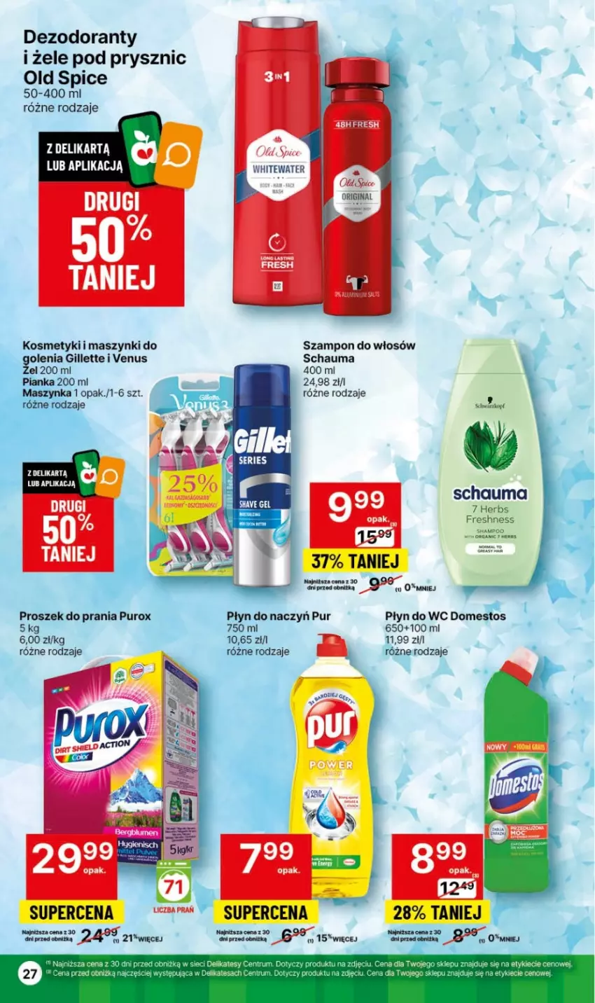 Gazetka promocyjna Delikatesy Centrum - Dyskontowe ceny w Delikatesach Centrum - ważna 08.02 do 14.02.2024 - strona 27 - produkty: Dezodorant, Domestos, Gillette, Gin, Maszynka, Old Spice, Płyn do wc, Proszek do prania, Pur, Rum, Schauma, Szampon, Szynka, Venus