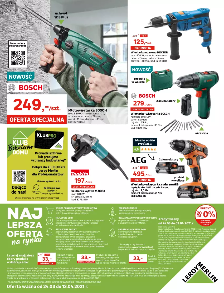 Gazetka promocyjna Leroy Merlin - Nowy ogród - ważna 24.03 do 13.04.2021 - strona 24 - produkty: AEG, Akumulator, Bateria, Bosch, Fa, Gin, Gra, Kosz, Makita, Młot, Młotowiertarka, Mus, O nas, Piec, Pokrywa, Sok, Sprzedawcy, Szlifierka, Szlifierka kątowa, Tarka, Top, Wiertarka, Wiertarka udarowa, Wkręt, Wkrętarka