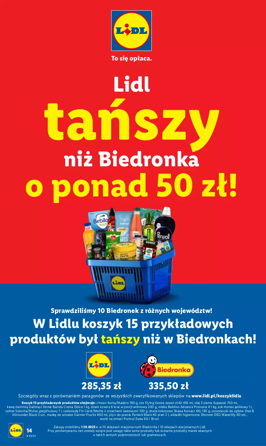 Gazetka promocyjna Lidl - GAZETKA - ważna 20.10 do 22.10.2025 - strona 14 - produkty: BEBILON, Chrzan, Dallmayr, Discreet, Dron, Dżem, Fructis, Garnier, Gra, Grejpfrut, Hortex, Kawa, Kokos, Kosz, Kujawski, Lack, Mleko, Mleko Bebilon, Nektar, Olej, Perwoll, Płyn do prania, Por, Pur, Rama, Sok, Sos, Wkładki, Worki na śmiec, Worki na śmieci