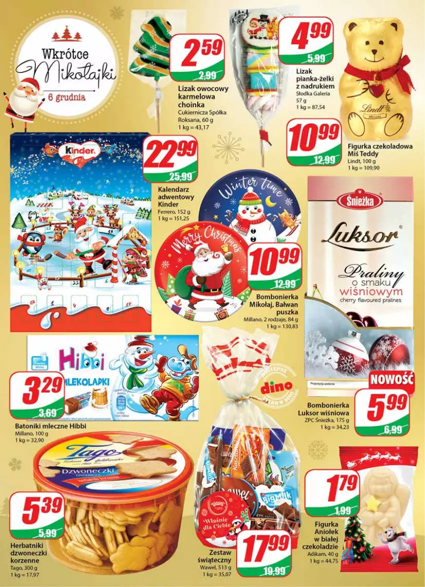 Gazetka promocyjna Dino - Gazetka - ważna 24.11 do 30.11.2021 - strona 4 - produkty: Baton, Choinka, Cukier, Ferrero, Herbatniki, Inka, Kalendarz, Kalendarz adwentowy, Kinder, Lindt, Półka, Tago, Tonik, Wawel