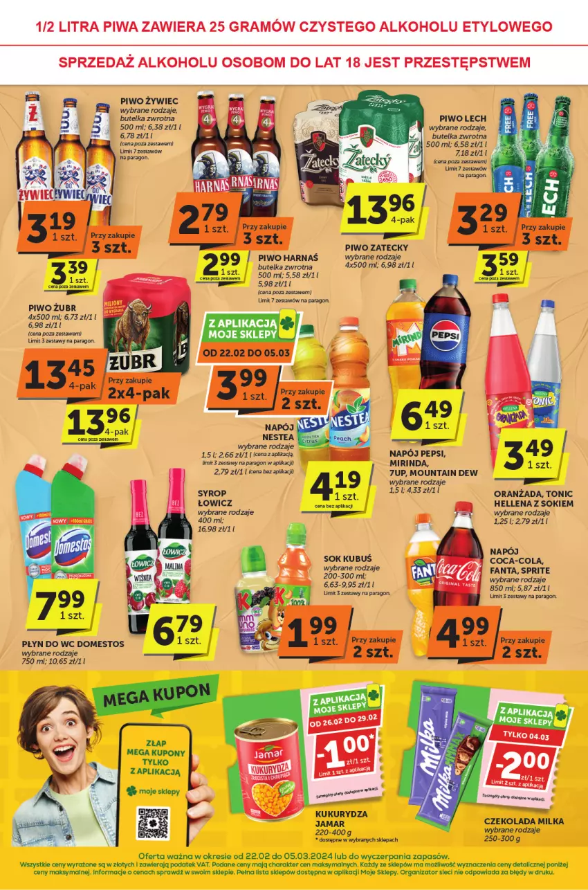 Gazetka promocyjna ABC - ważna 22.02 do 05.03.2024 - strona 8 - produkty: 7up, Coca-Cola, Czekolada, Domestos, Fa, Fanta, Harnaś, Hellena, Kubuś, Kukurydza, Milka, Mirinda, Napój, Nestea, Oranżada, Pepsi, Piwo, Płyn do wc, Sok, Sprite, Syrop