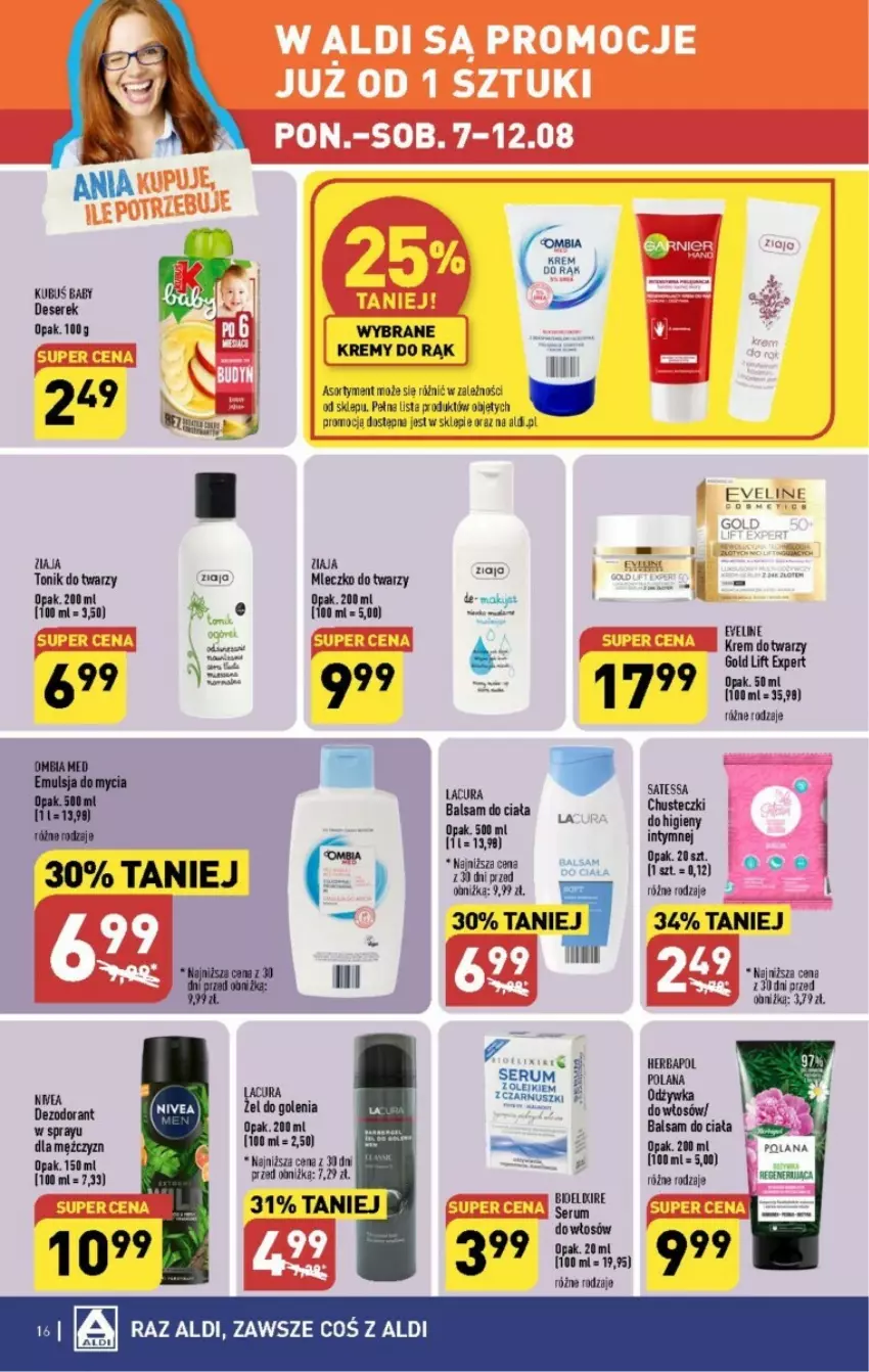 Gazetka promocyjna Aldi - ważna 07.08 do 12.08.2023 - strona 6 - produkty: Balsam do ciała, Chusteczki, Deser, Dezodorant, Eveline, Kubuś, LANA, Mleczko, Rum, Ser, Serek, Serum, Tonik, Tonik do twarzy