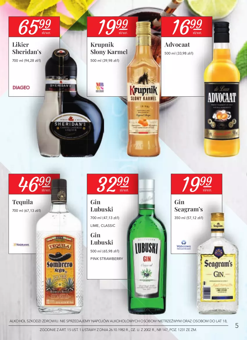 Gazetka promocyjna Stokrotka - Oferta alkoholowa - ważna 22.04 do 26.05.2021 - strona 5 - produkty: Advocaat, Gin, Gra, Krupnik, Likier, Tequila