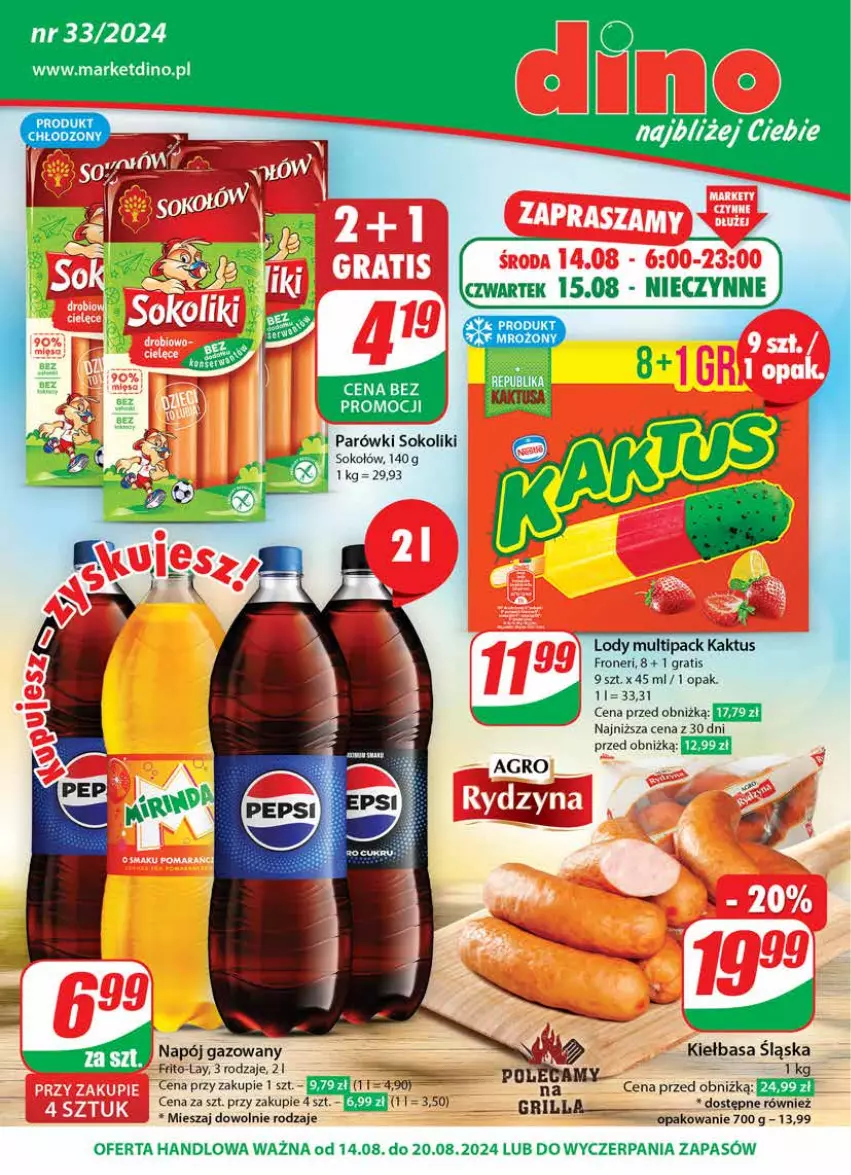 Gazetka promocyjna Dino - Gazetka 33 / 2024 - ważna 14.08 do 20.08.2024 - strona 1 - produkty: Gra, Grill, JBL, Kaktus, Kiełbasa, Lody, Napój, Napój gazowany, Parówki, Parówki sokoliki, Sok, Sokołów